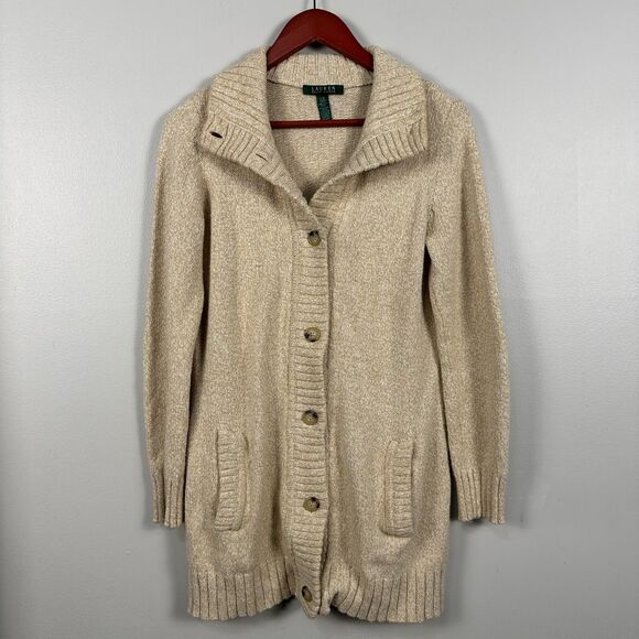 Lauren Ralph Lauren Sweaters - Lauren Ralph Womens Large Button Long Cardigan Sweater Tan Cotton Rabbit Knit